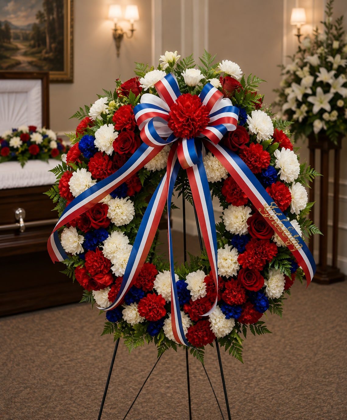 SP12 Standing Spray - A Round open wreath, includes red and white carnations, blue statice and red roses sprinkled, greens   Banner - $15.00 + extra  Substitutions may apply due to flower availability