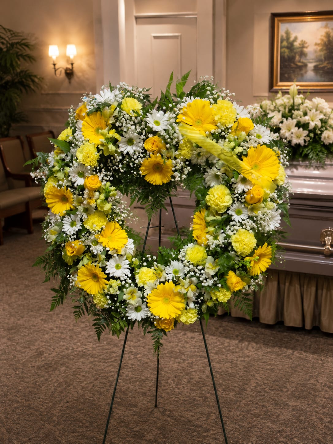 SP18 Standing Spray - An open heart with a mixture of gerbera daisies, white daisies, roses, carnations, baby's breath, greens.  Banner - $15.00 + extra  Substitutions may apply due to flower availability