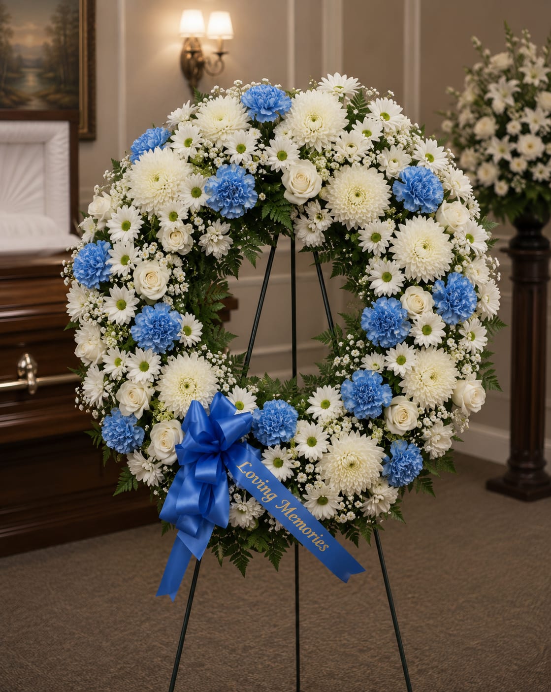SP19 Standing Spray - A an open wreath with a mixture of fuji mums, carnations, roses, daisies, alstromaria, baby's breath and greens.  Banner - $15.00 + extra  Substitutions may apply due to flower availability