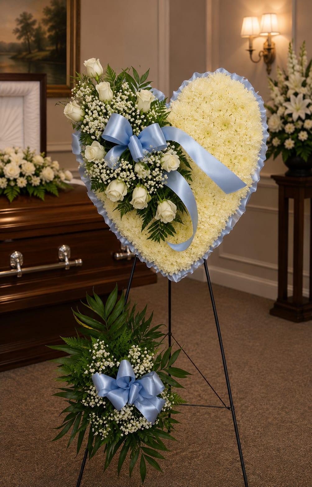 SP23 Standing Spray - Heart shape with a  mixture of fuji mums, white roses, baby's breath and greens.   Banner - $15.00 + extra  Substitutions may apply due to flower availability