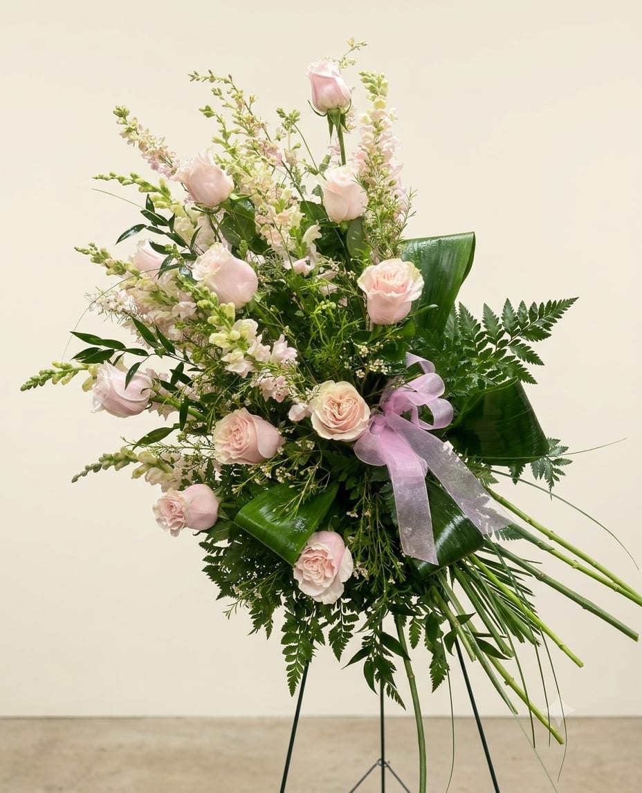 SP9 Standing Spray - A mixture of Pink gladiolas or pink larkspur, pink roses, tea leaves,  greens (colors can be changed)  Banner - $15.00 + extra  Substitutions may apply due to flower availability