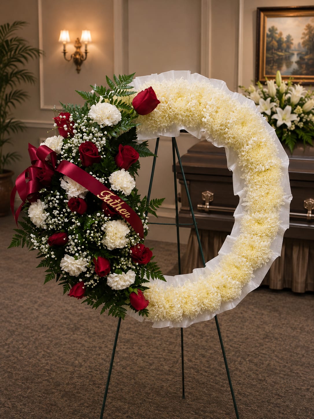 SP29 Standing Spray - An open wreath with a mixture of white fuji mums, red roses, white carnations, baby's breath and  greens.    Banner - $15.00 + extra  Substitutions may apply due to flower availability