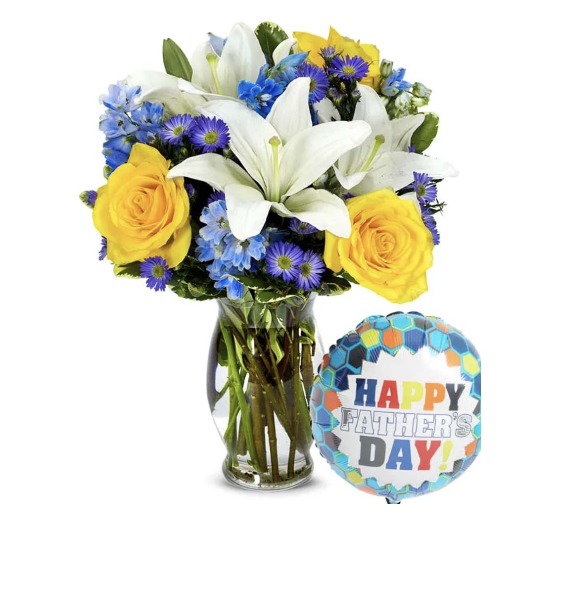 Bouquet of white lilies, yellow roses, and blue flowers in a glass vase with a Father's Day balloon