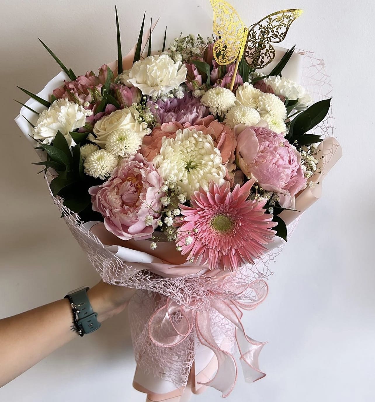 Pink and white mixed bouquet with a large pink gerbera daisy