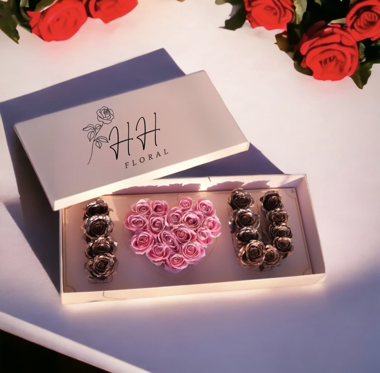 Heart-shaped pink roses in a gift box with gold roses spelling "H H"