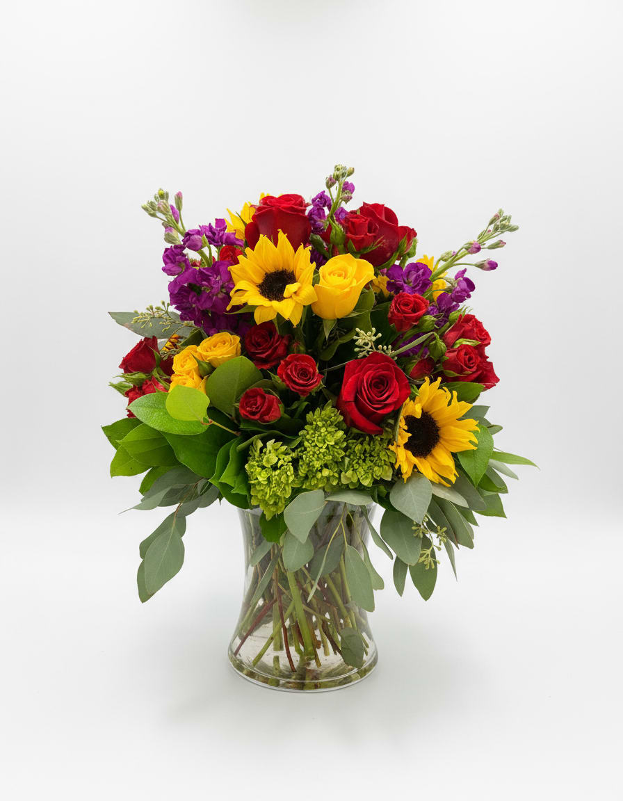 Bouquet of red and yellow roses with sunflowers in a glass vase