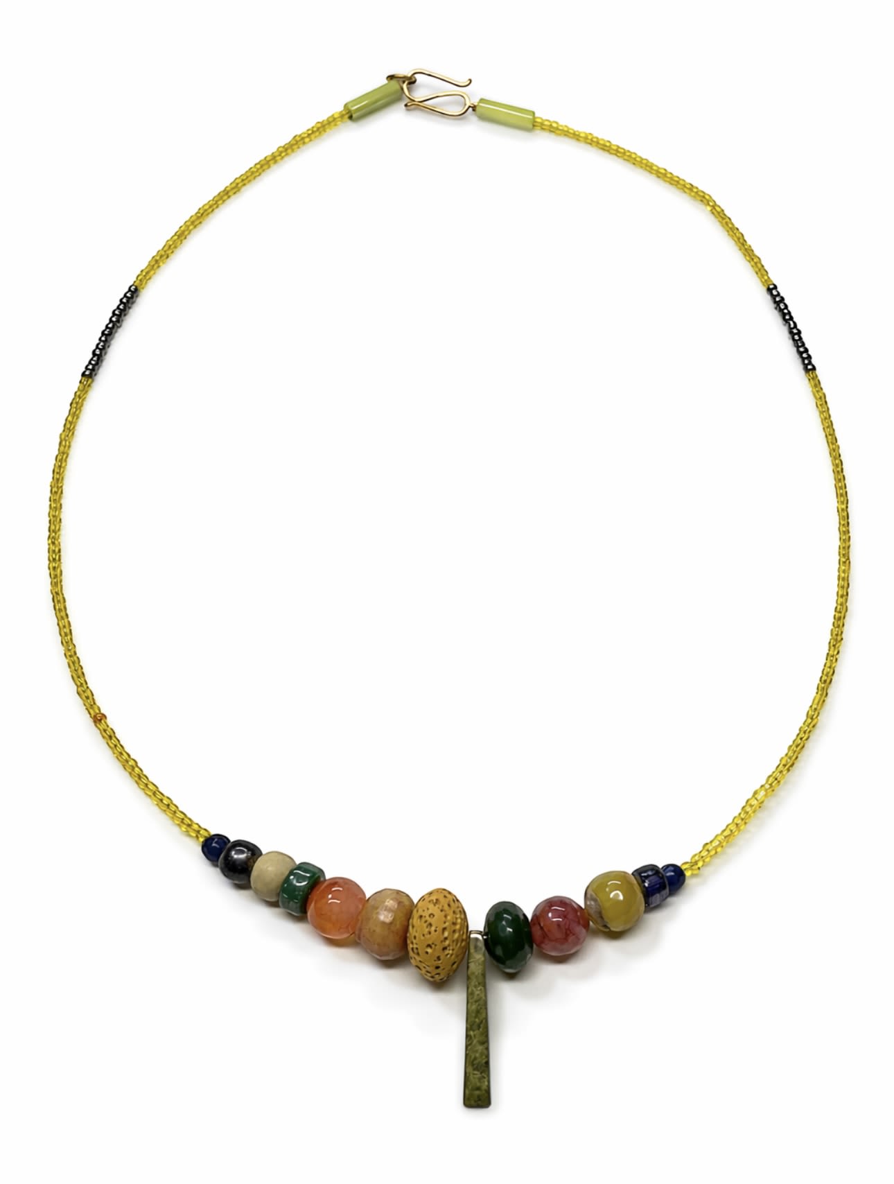 Beaded necklace with multicolored stones and a gold cord