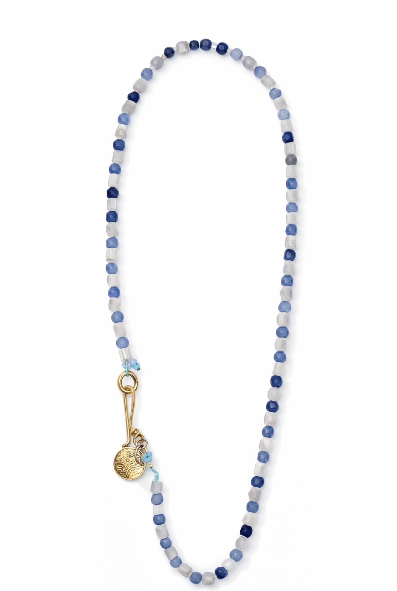 Blue and white beaded necklace with a gold clasp and charm