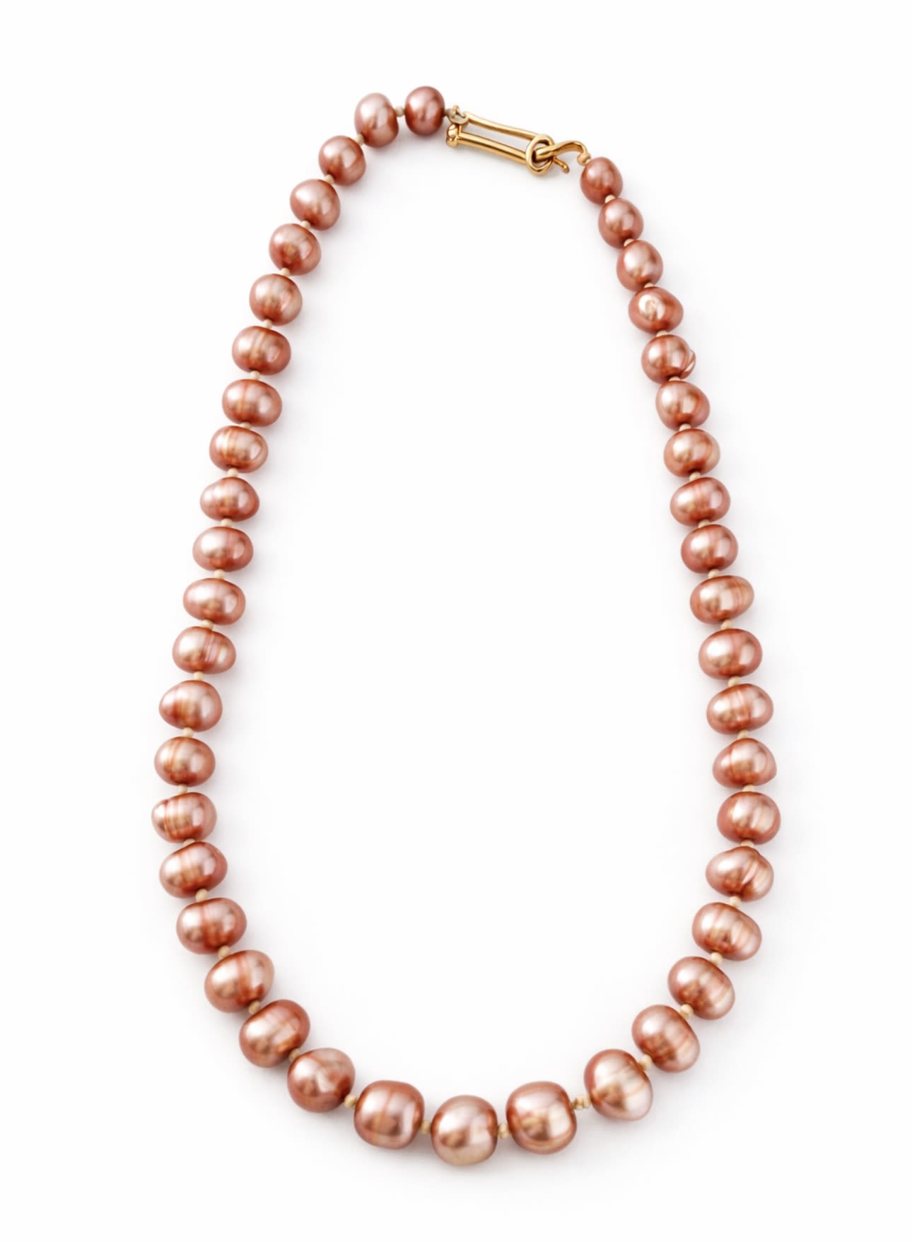 Pink pearl bead necklace with a gold clasp on a white background