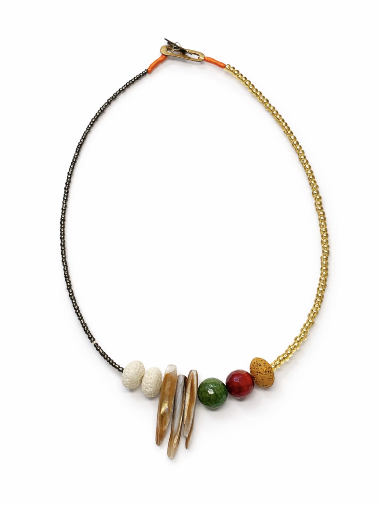 Beaded necklace with mixed-color beads and gold-toned accents