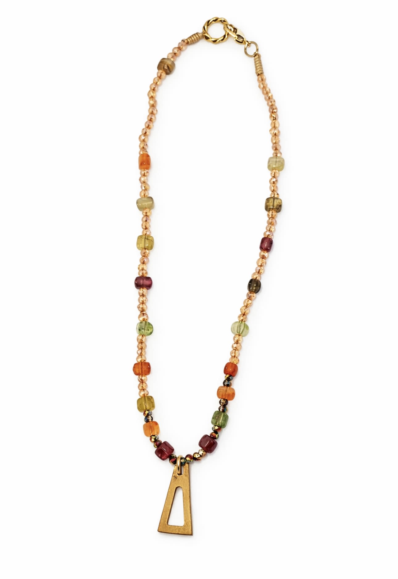 Beaded necklace with a gold pendant on a white background