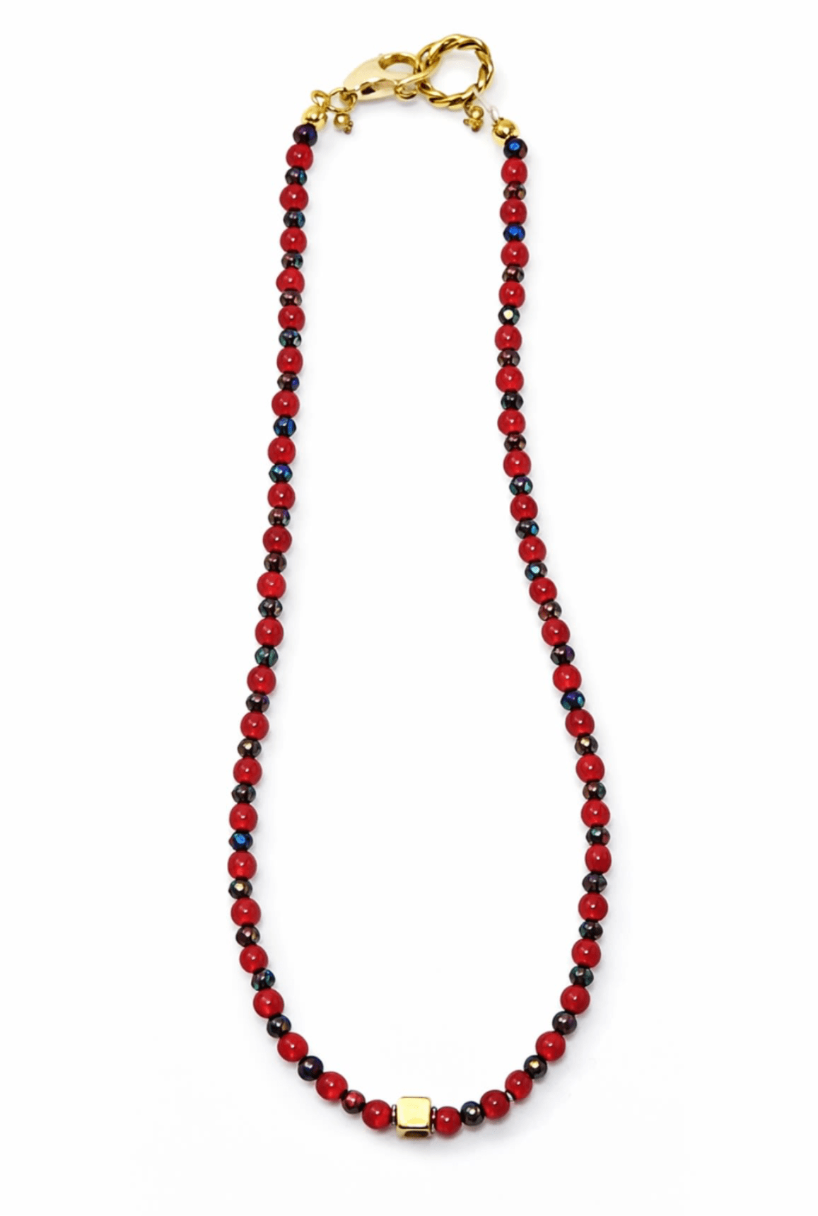 Red beaded necklace with gold clasp and accent beads