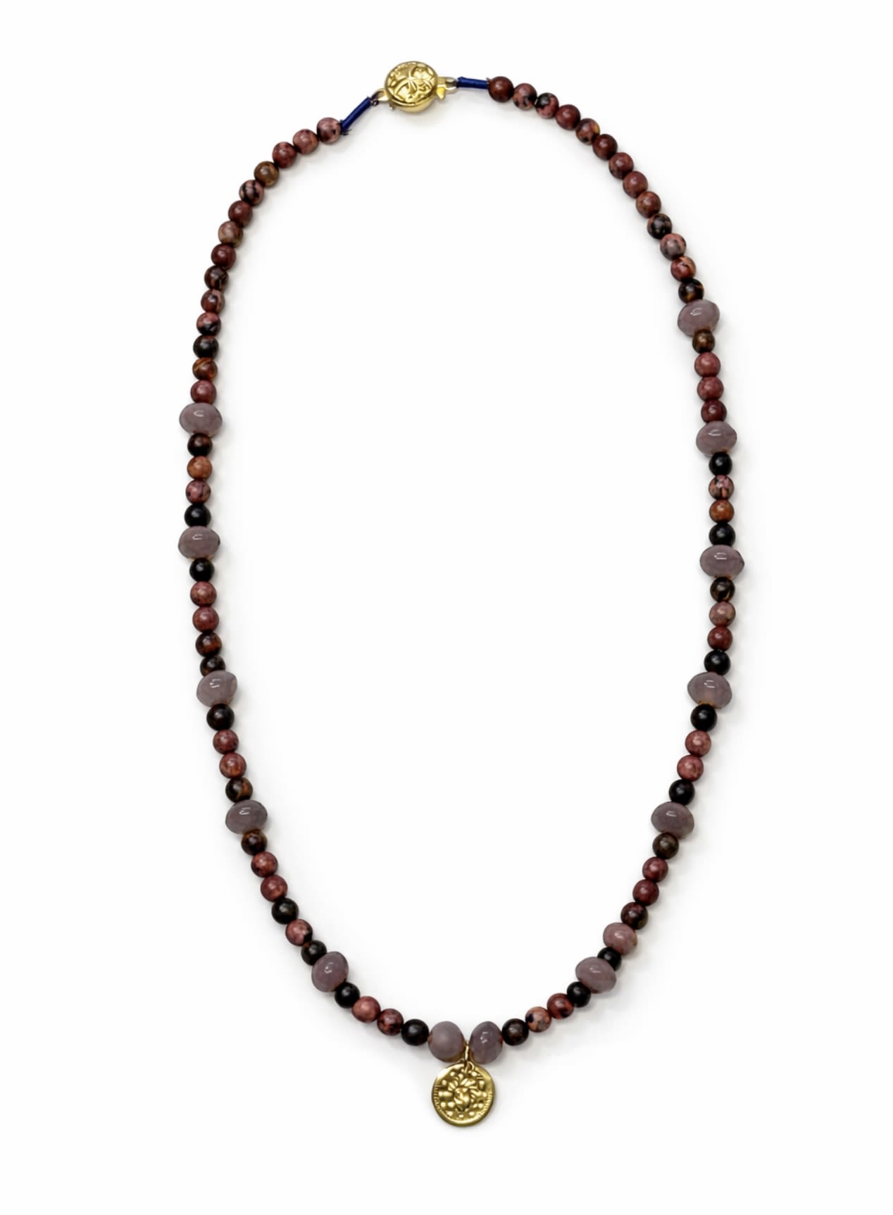 Beaded necklace with brown and gray beads and gold pendants
