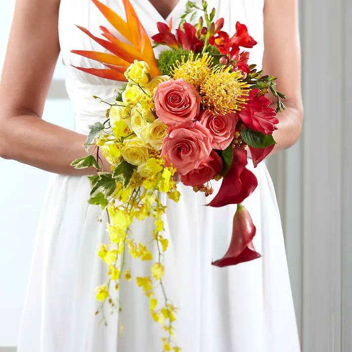 Tears of Delight Bouquet - Decadent in color and style, this bridal bouquet brings together some of the most fascinating blooms found in nature to help you truly shine on your wedding day. Clusters of sunlit hues express a sophisticated design aesthetic with the use of yellow Oncidium Orchids, pin cushion protea, and spray roses, red freesia, mini calla lilies, ginger, and viburnum, coral roses, green trick dianthus, orange Birds of Paradise, galax leaves, and variegated ivy. Creating a cascade of color against the backdrop of your gown, this bouquet strays from the everyday to help you create that perfect bridal look.  Bouquet is approximately 22" H x 14" W