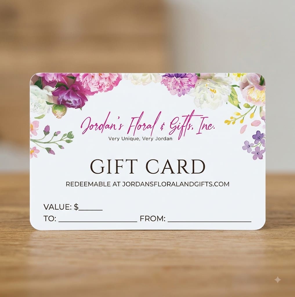 Floral gift card with pink and purple blossoms around the border