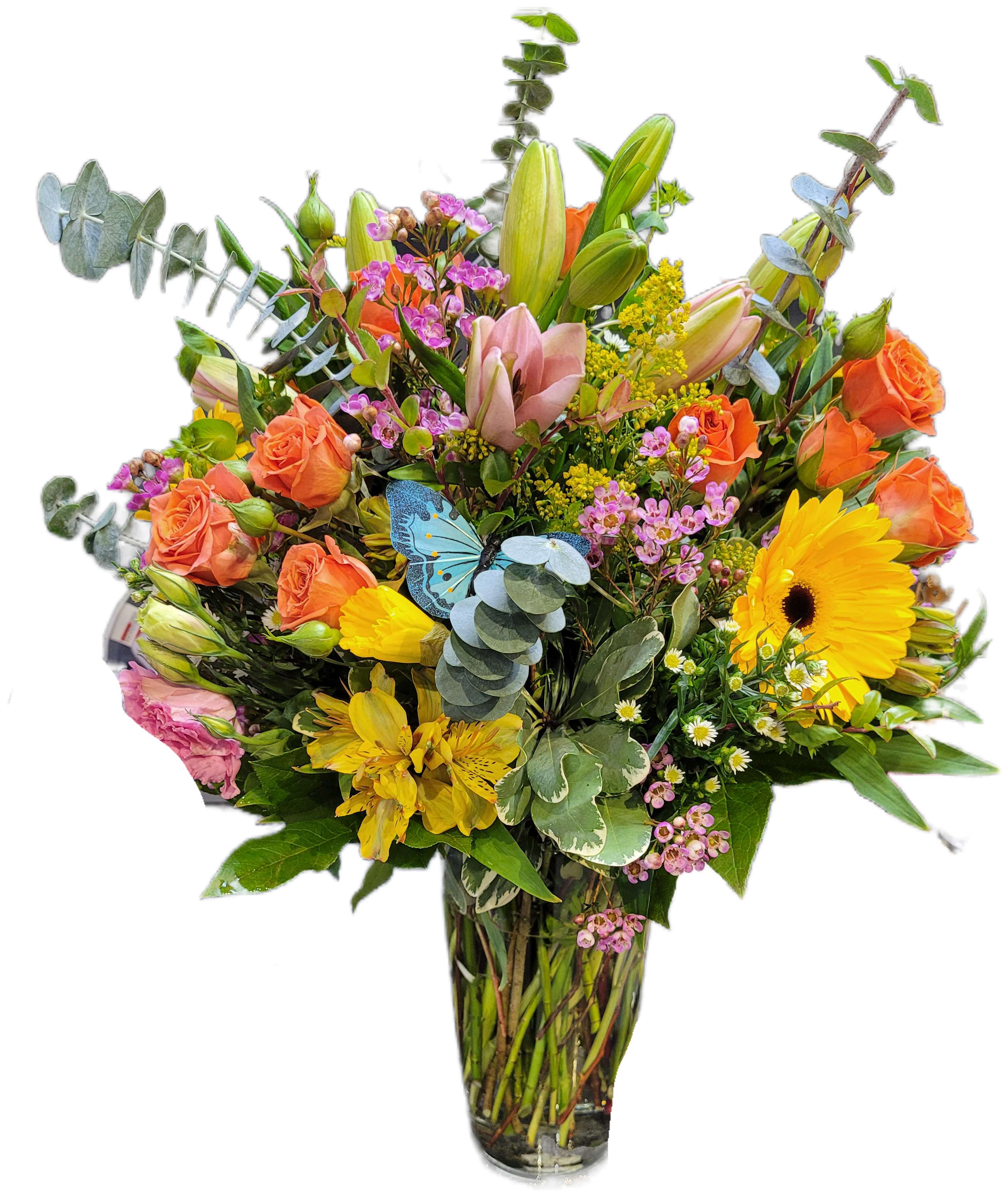 Butterfly Garden - Bright Florals arranged with butterflies. Flowers may very but will always be a bright pink, yellow, and orange color palette. 4-5 Butterflies added. 
