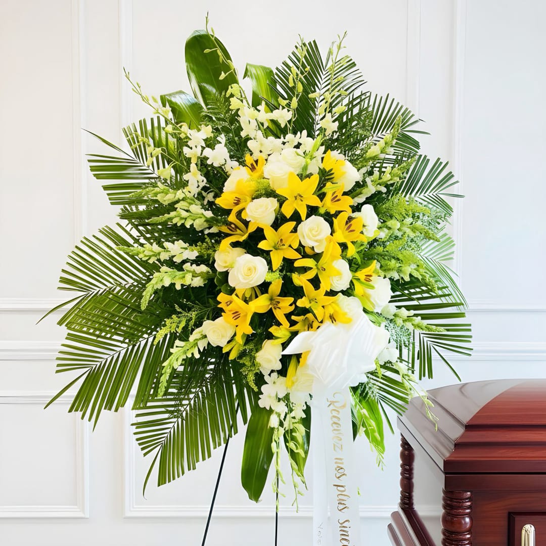 Yellow and white floral standing spray with palm fronds and a white ribbon