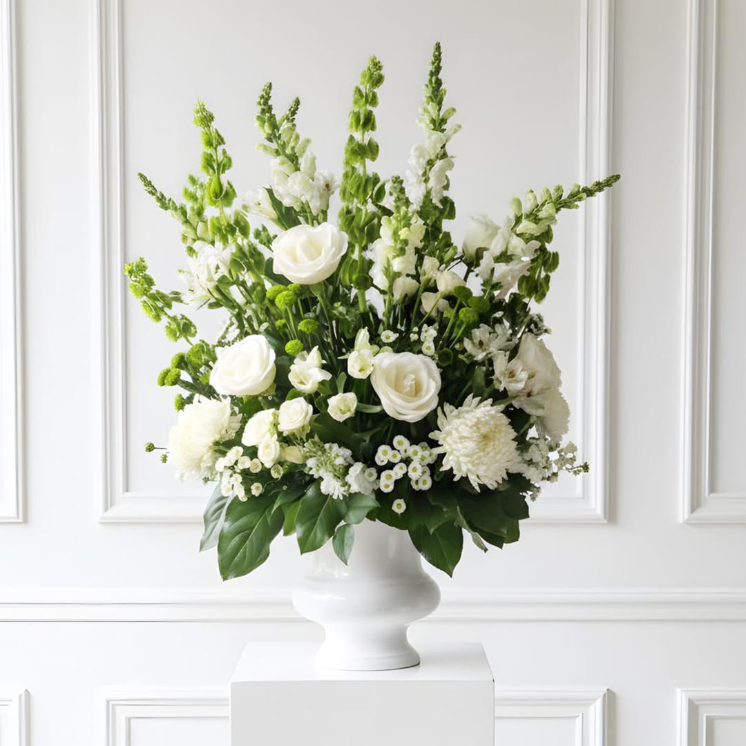 Serenity - Stunning Pedestal arrangement with deluxe white blooms 