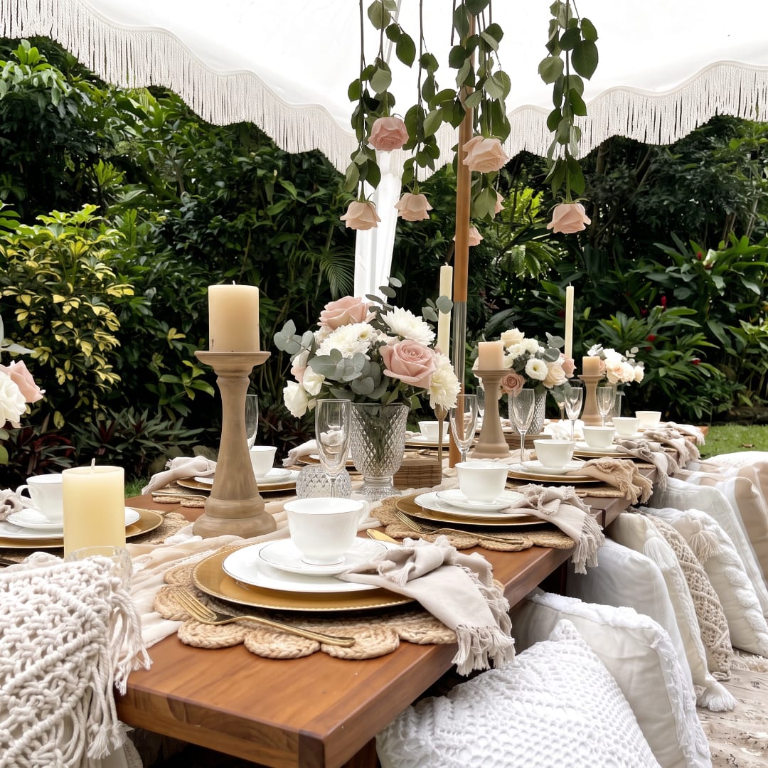 Outdoor table setting with blush floral centerpieces and candles under a fringed canopy.