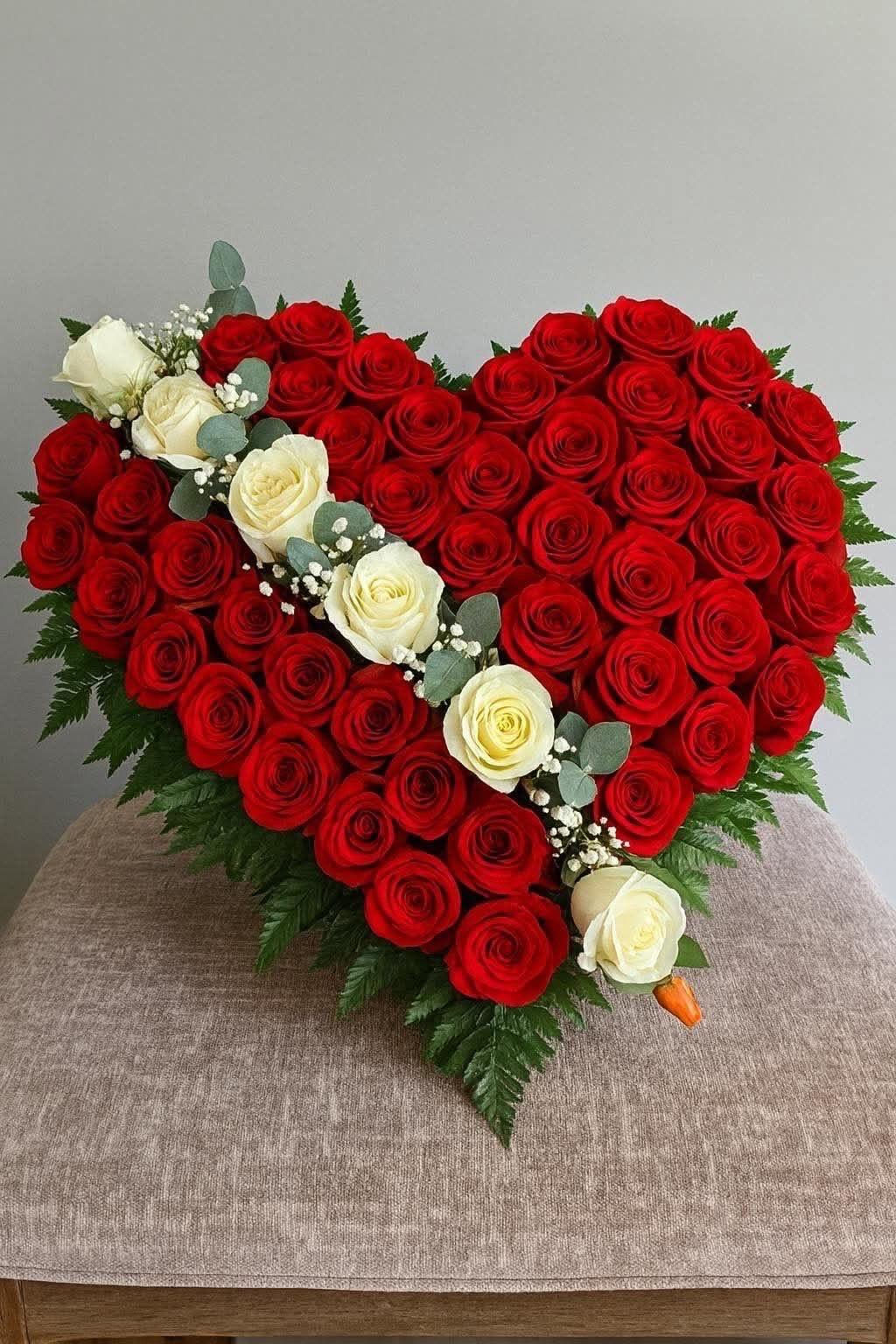 arreglo de corazon By Special Moment´S - A dramatic heart-shaped rose arrangement built from densely packed red roses with a striking diagonal band of cream-white roses-perfect as a romantic birthday bouquet, anniversary roses gift, or a heartfelt Valentine's Day tribute. The bold red and soft cream-white contrast reads as an unmistakable declaration of love, and the heart form makes the message clear to the person you're thinking of.  Clusters of delicate baby's breath and rounded eucalyptus add texture and a whisper of green, softening the vivid color palette and giving the composition a refined, formal look. Crafted to sit flat or on an easel, the arrangement presents a full, sculpted silhouette that makes a strong visual impression from any angle.  For lovers, partners, or anyone you want to celebrate with unmistakable romance, this is the kind of arrangement that makes someone feel truly seen and cherished. Designed to arrive ready-to-display, keep blooms away from direct heat and follow any included care card to help the roses look their best for as long as possible.