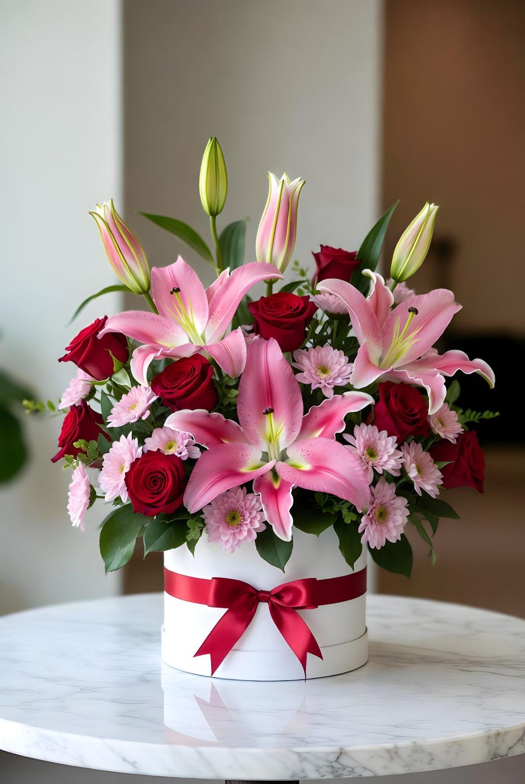 caja de rosas y lilye By Special Moment´S - Large pink lilies rise above a lush cluster of deep red roses and pale pink daisies in a compact white hat box-an arrangement made for anniversary roses, Mother's Day, or any romantic birthday bouquet that needs to make an impression. The combination of soft pinks against saturated red creates a warm, celebratory mood so the person you're thinking of will feel cherished and genuinely seen from the moment the lid comes off.  The round white hat box is tied with a red satin ribbon for a polished, gift-ready presentation; the design is full and layered with several lily buds adding height and graceful texture above the main cluster. Colors include pink, red, white, and fresh green foliage; flowers are lilies, roses, and small daisy blooms arranged tightly to hold their shape during delivery.  Perfect for saying "te quiero" on an anniversary, surprising Mom on her special day, or sending heartfelt birthday wishes, this arrangement arrives ready to display-no vase required. For best enjoyment, keep in a cool spot away from direct sun and change water or floral foam attention as needed to extend freshness.