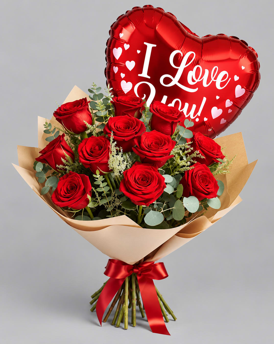 Bouquet of red roses with a heart-shaped "I Love You" balloon
