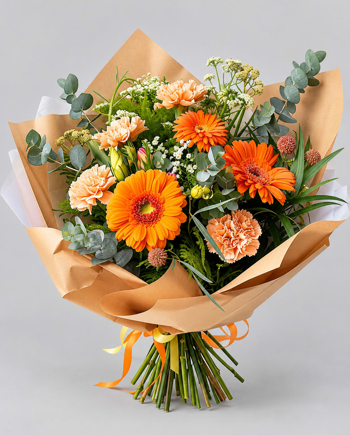 Orange gerbera daisies and peach carnations in brown paper wrap