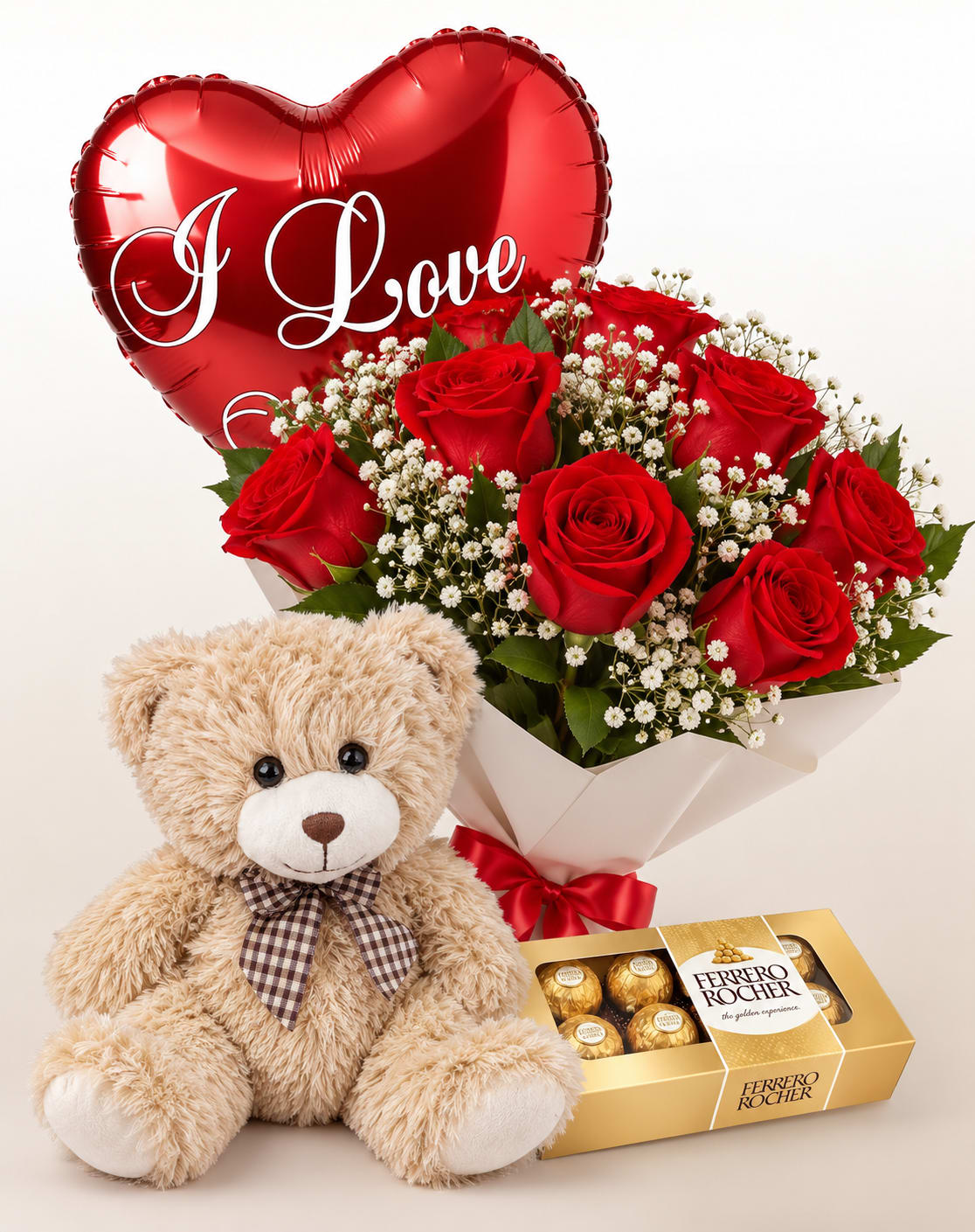 Red rose bouquet with a heart balloon, teddy bear, and chocolate box