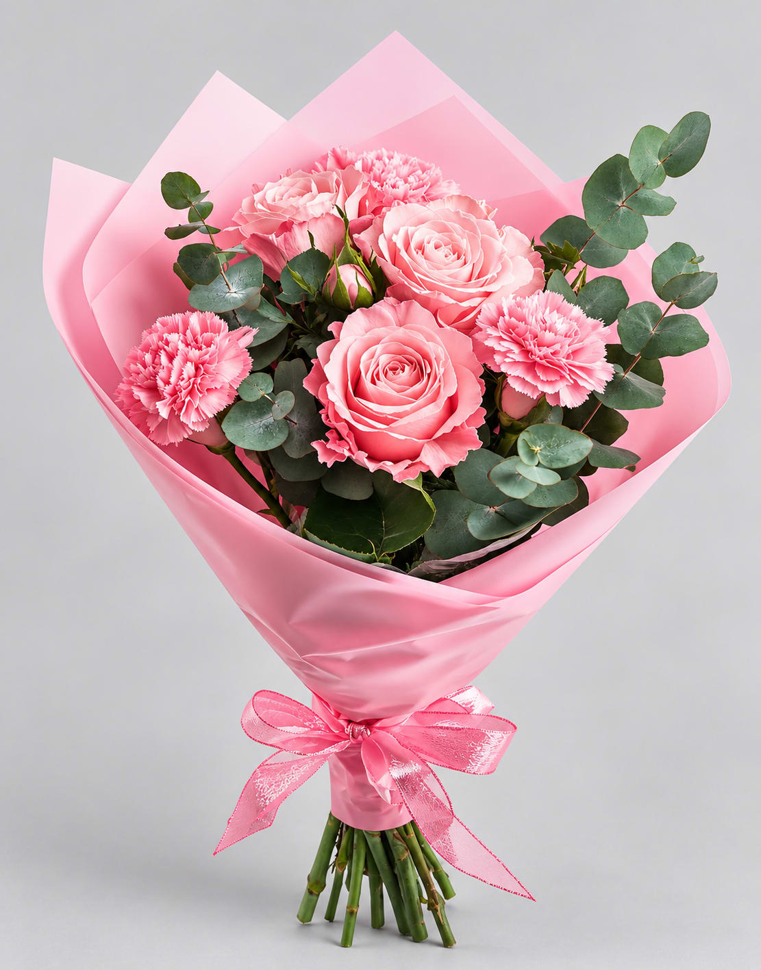 Pink rose and carnation bouquet wrapped in pink paper with a ribbon