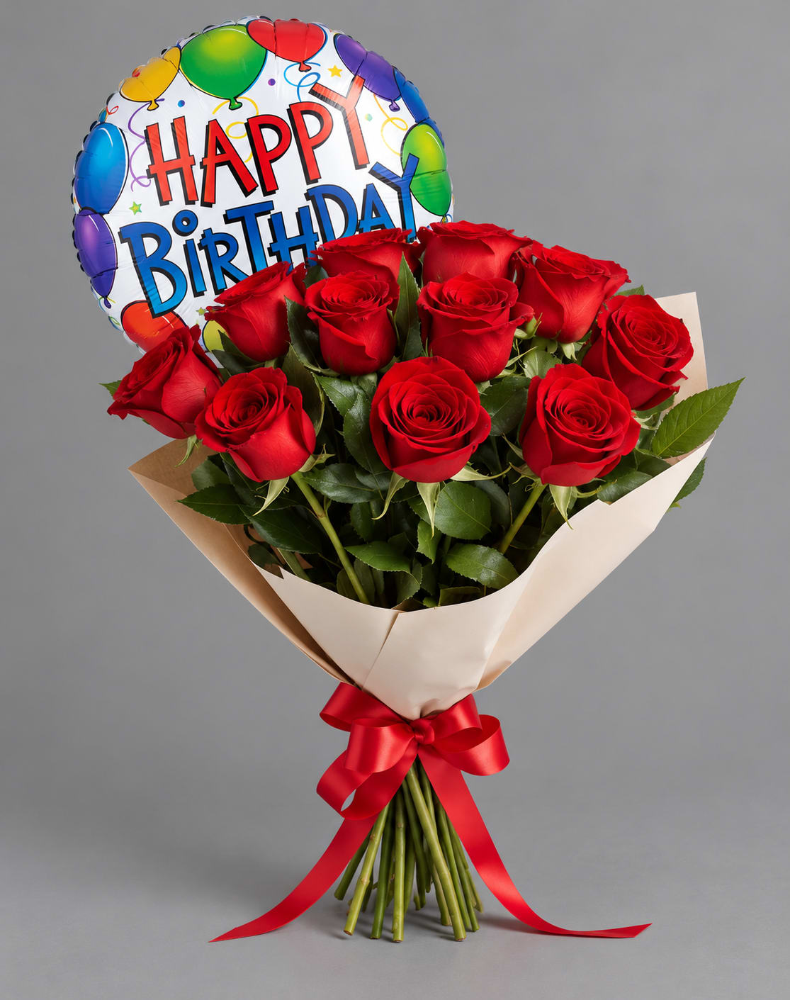 Red rose bouquet with a birthday balloon and red ribbon