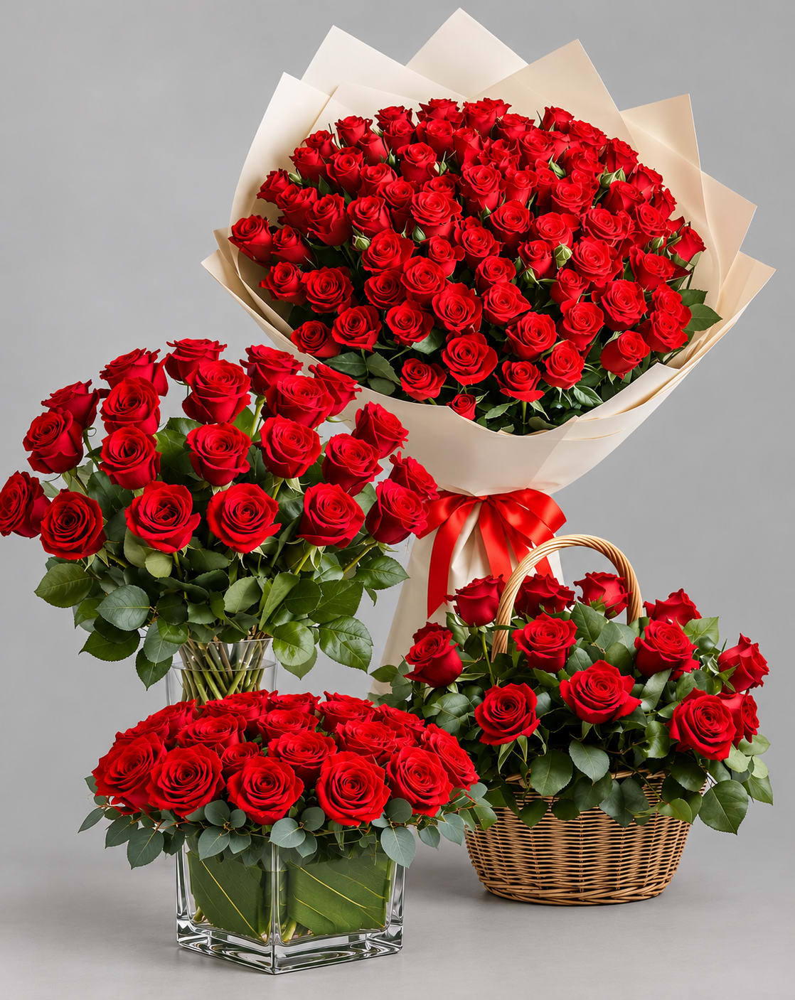 Four red rose bouquets in a vase, basket, and wrap