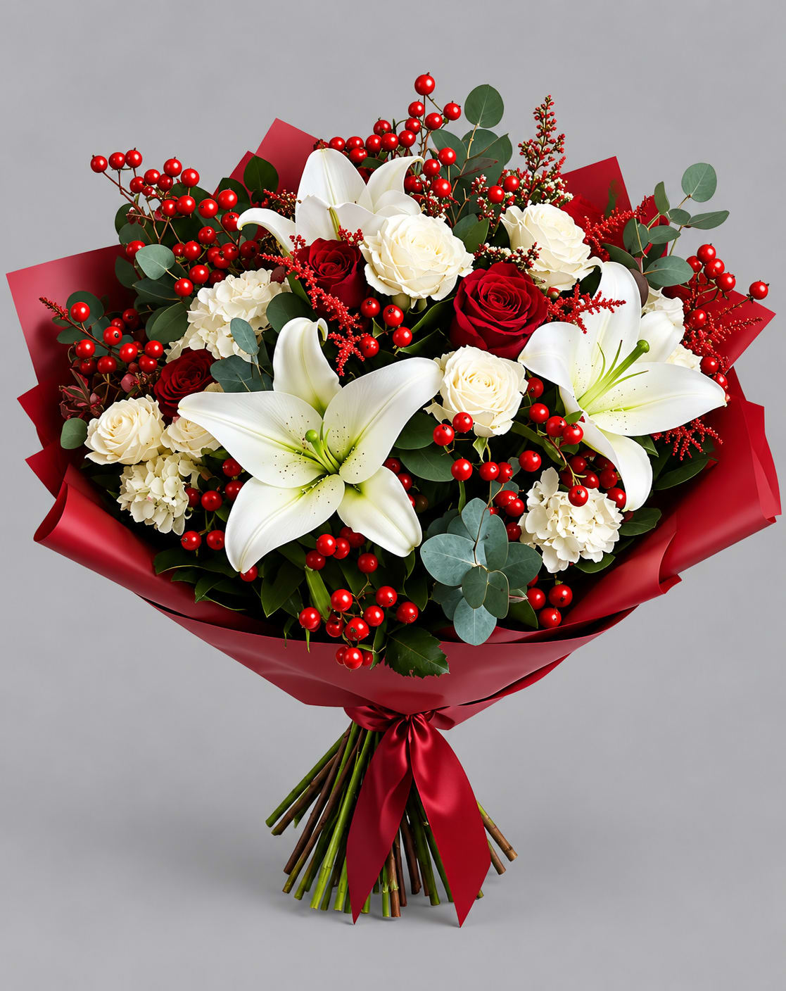 Bouquet of white lilies, red and cream roses, and red berries wrapped in red paper
