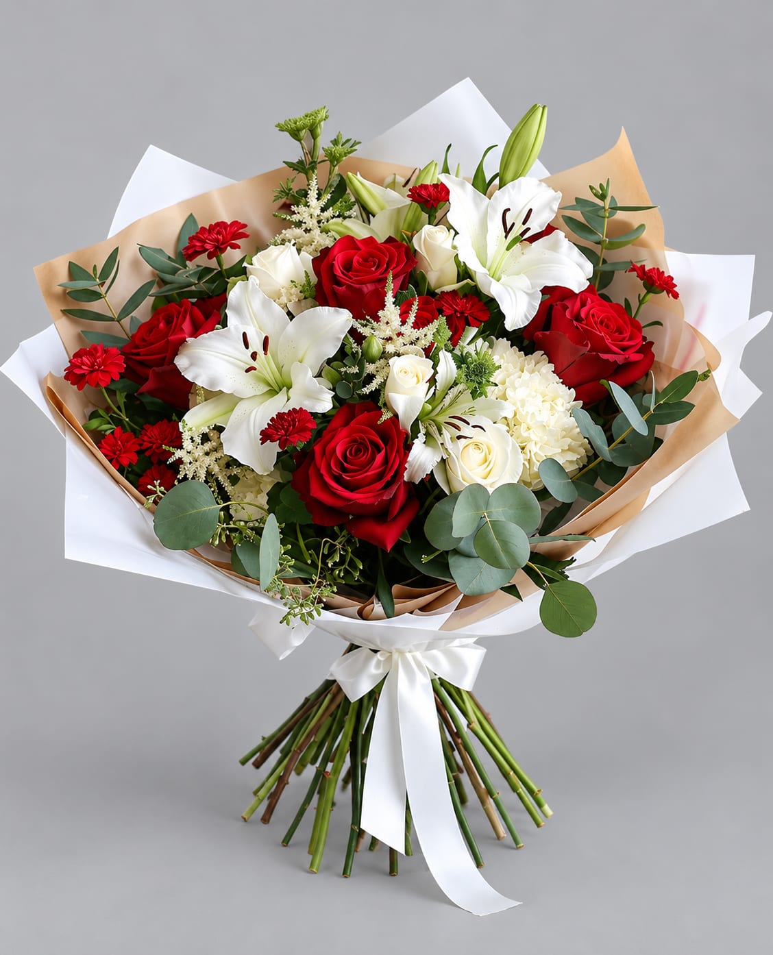 Bouquet of red roses, white lilies, and white hydrangea wrapped in tan and white paper