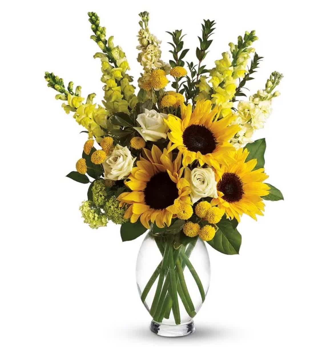 Sunflower bouquet with white roses and yellow snapdragons in a clear glass vase