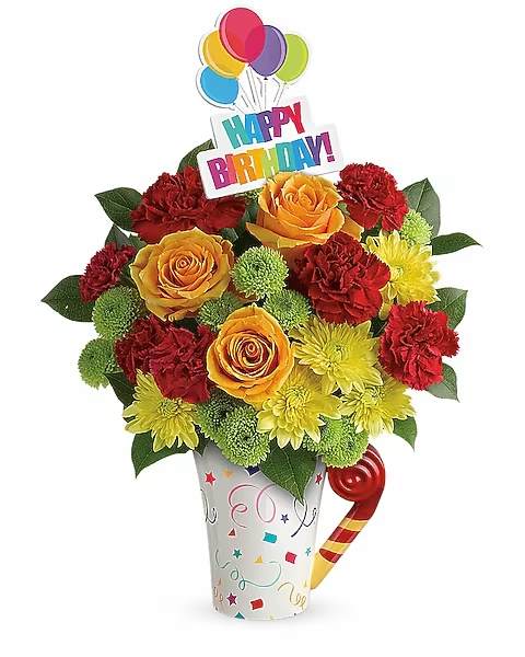 Birthday bouquet in a decorated cup with roses, carnations, and balloons
