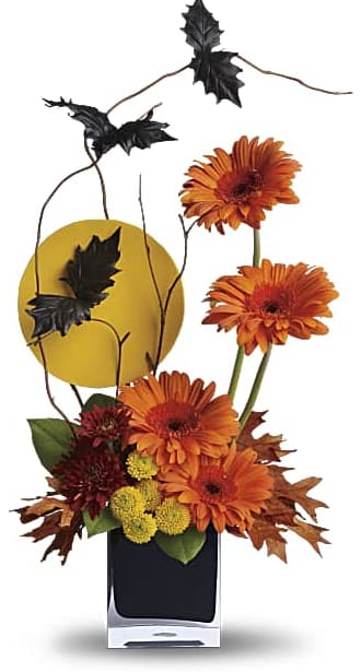 Orange gerbera daisies in a black vase with autumn leaves and a yellow accent disc