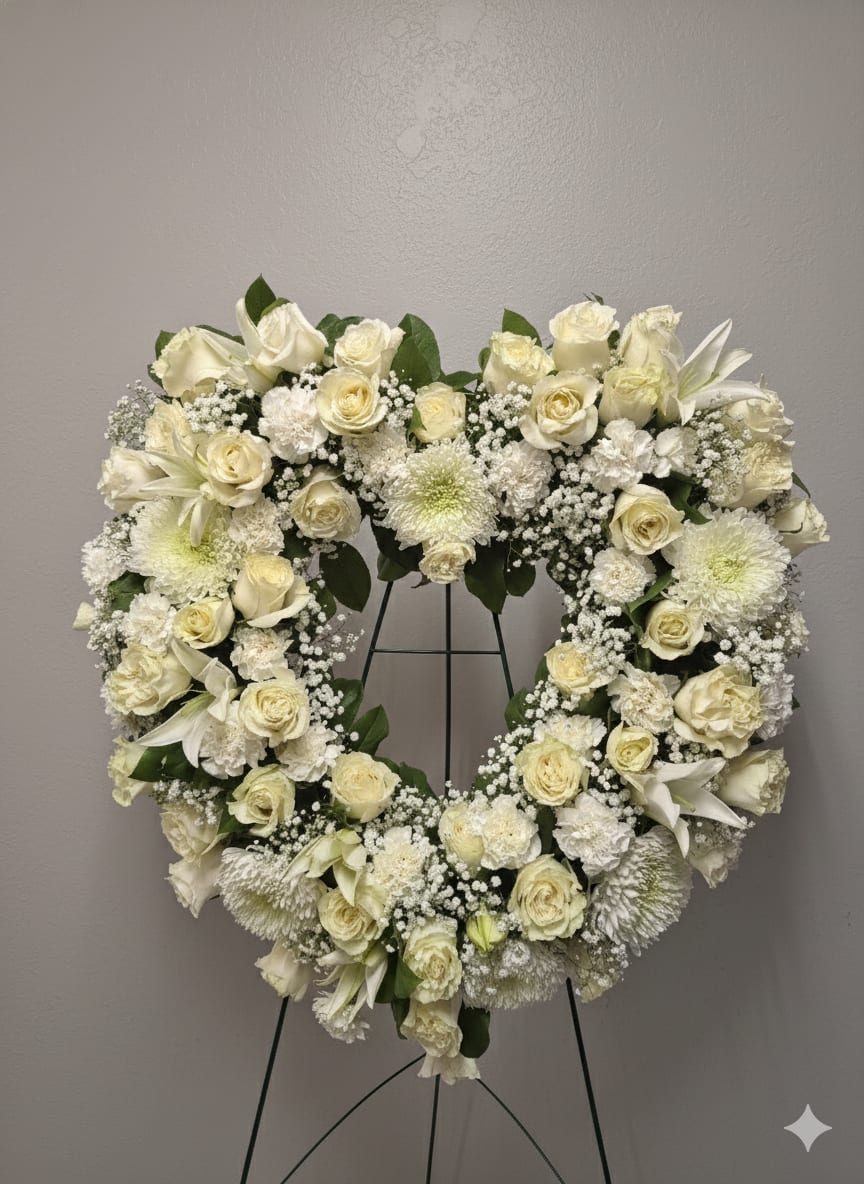 Heart-shaped standing wreath of white roses, lilies, and mums on a metal easel.
