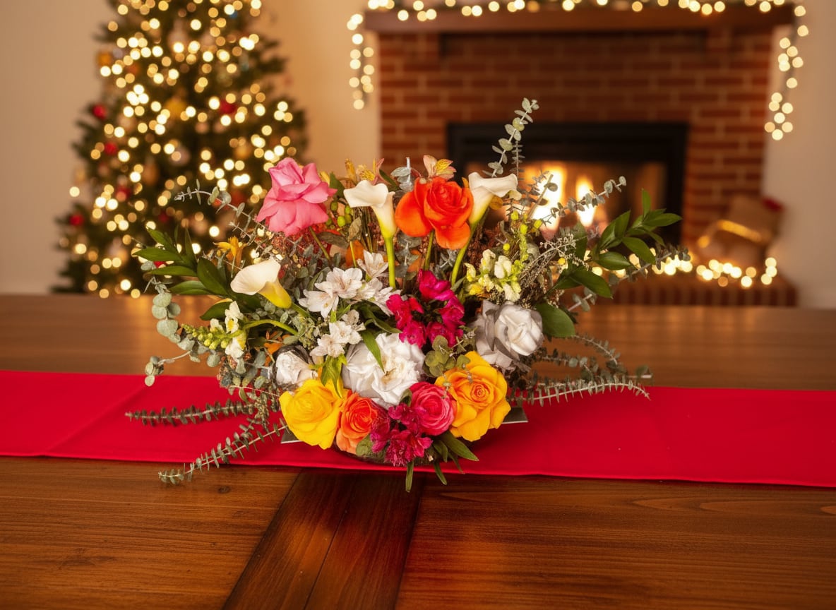 Mixed bouquet of roses and calla lilies on a table with holiday lights in the background
