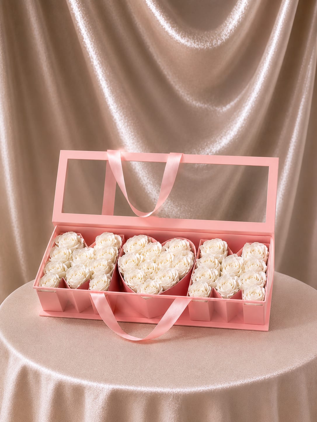 MOM Luxury Pink Floral Keepsake Box - A refined and elegant gift featuring delicate white rose soaps beautifully arranged to spell “MOM” inside a soft pink luxury box. Designed to impress, this keepsake combines timeless beauty with a gentle fragrance, making it a memorable and long-lasting gift.  Perfect for celebrating meaningful moments and expressing love in a sophisticated way.  Each piece is carefully handcrafted and presented ready to gift. It is a designer choice color piece. 