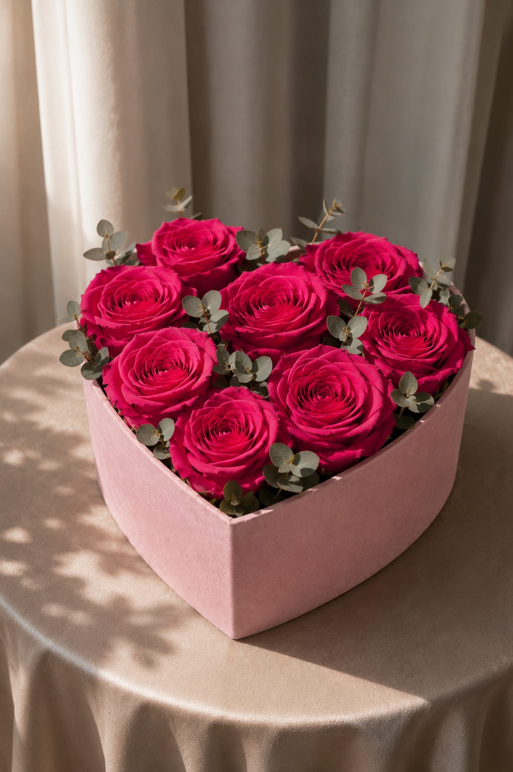 Hot Pink Roses Heart Box | Luxury Rose Arrangement - A bold and elegant expression of love, this design features 8 premium hot pink roses beautifully arranged in a soft blush heart-shaped box. Vibrant in color and refined in presentation, this arrangement is accented with fresh eucalyptus for a modern, elevated touch.  Better for: Mother’s Day, anniversaries, birthdays, romantic gestures, or just because.  Available for local flower delivery throughout Naples, Bonita Springs, Estero, Fort Myers and Fort Myers Beach.  Designer’s Choice: Each arrangement is uniquely designed using the freshest seasonal flowers available. Flower varieties, colors and containers may vary while maintaining the overall style, value and beauty of the design.