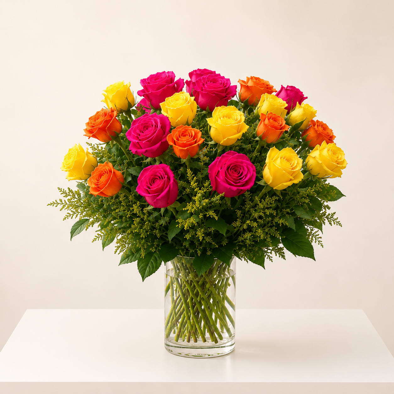 Bright &amp; Joyful Bouquet - Send an explosion of color with this stunning long-stem rose arrangement, featuring a vibrant mix of bright, multicolored roses. A bold and joyful alternative to the classic red rose, this design is perfect for celebrating life’s happiest moments and creating a lasting impression.  Perfect for birthdays, Mother’s Day, anniversaries, thank you gestures, welcoming a new baby, thinking of you, congratulations, or a bright and cheerful “just because” surprise.  Available for local flower delivery throughout Naples, Bonita Springs, Estero, Fort Myers and Fort Myers Beach.  Designer’s Choice: Each arrangement is uniquely designed using the freshest seasonal flowers available. Flower varieties, colors and containers may vary while maintaining the overall style, value and beauty of the design.