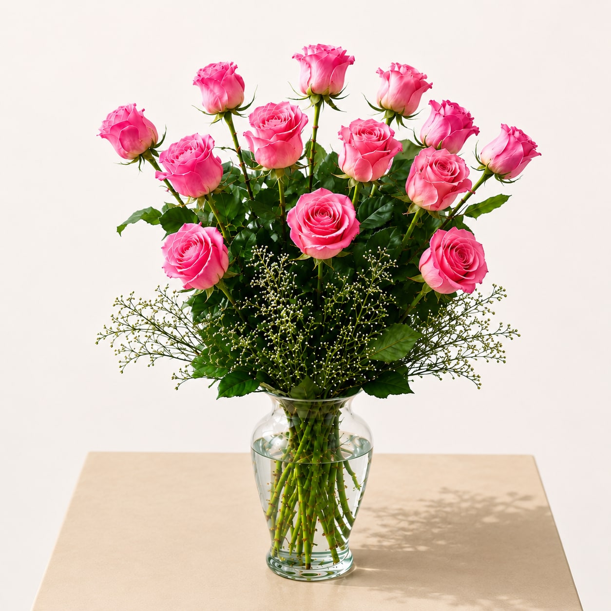 Pink roses arranged in a clear glass vase