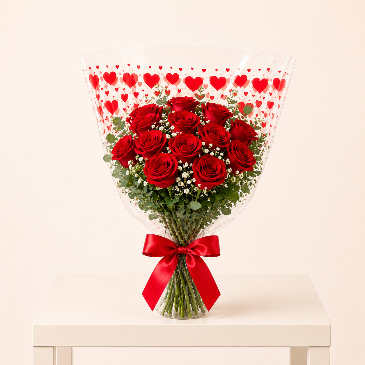 Classic Red Rose Wrapped Bouquet™ - A classic bouquet of one dozen fresh red roses, hand-tied and beautifully wrapped with a red satin ribbon. Timeless, elegant, and effortlessly romantic, this bouquet is the perfect way to express love and create unforgettable moments.  Perfect for Valentine’s Day, anniversaries, romantic gestures, saying “I love you,” or celebrating life’s most meaningful moments.  Available for local flower delivery throughout Naples, Bonita Springs, Estero, Fort Myers and Fort Myers Beach.  Designer’s Choice: Each arrangement is uniquely designed using the freshest seasonal flowers available. Flower varieties, colors and containers may vary while maintaining the overall style, value and beauty of the design.