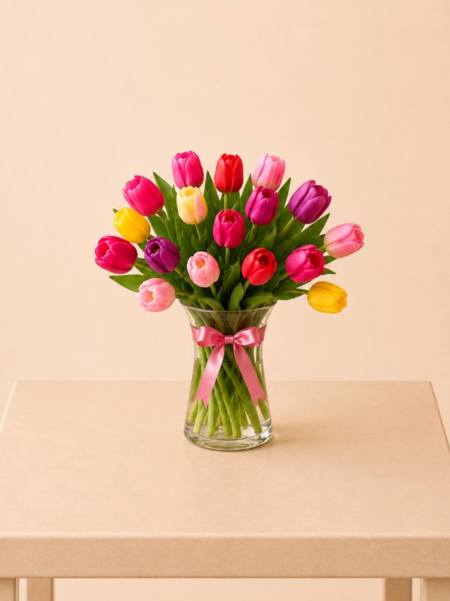 Signature Mixed Tulips in Glass Vase | 12 Tulip Arrangement - A fresh and elegant floral design featuring 12 premium tulips in a beautifully curated mix of vibrant colors, thoughtfully arranged in a clear glass gathering vase and finished with a soft pink satin ribbon.  This arrangement includes 12 tulips. Colors may vary while maintaining a vibrant, curated palette.  Perfect  for: Mother’s Day, birthdays, thank you, get well, or a thoughtful everyday gesture.  Available for local flower delivery throughout Naples, Bonita Springs, Estero, Fort Myers and Fort Myers Beach.  Designer’s Choice: Each arrangement is uniquely designed using the freshest seasonal flowers available. Flower varieties, colors and containers may vary while maintaining the overall style, value and beauty of the design.