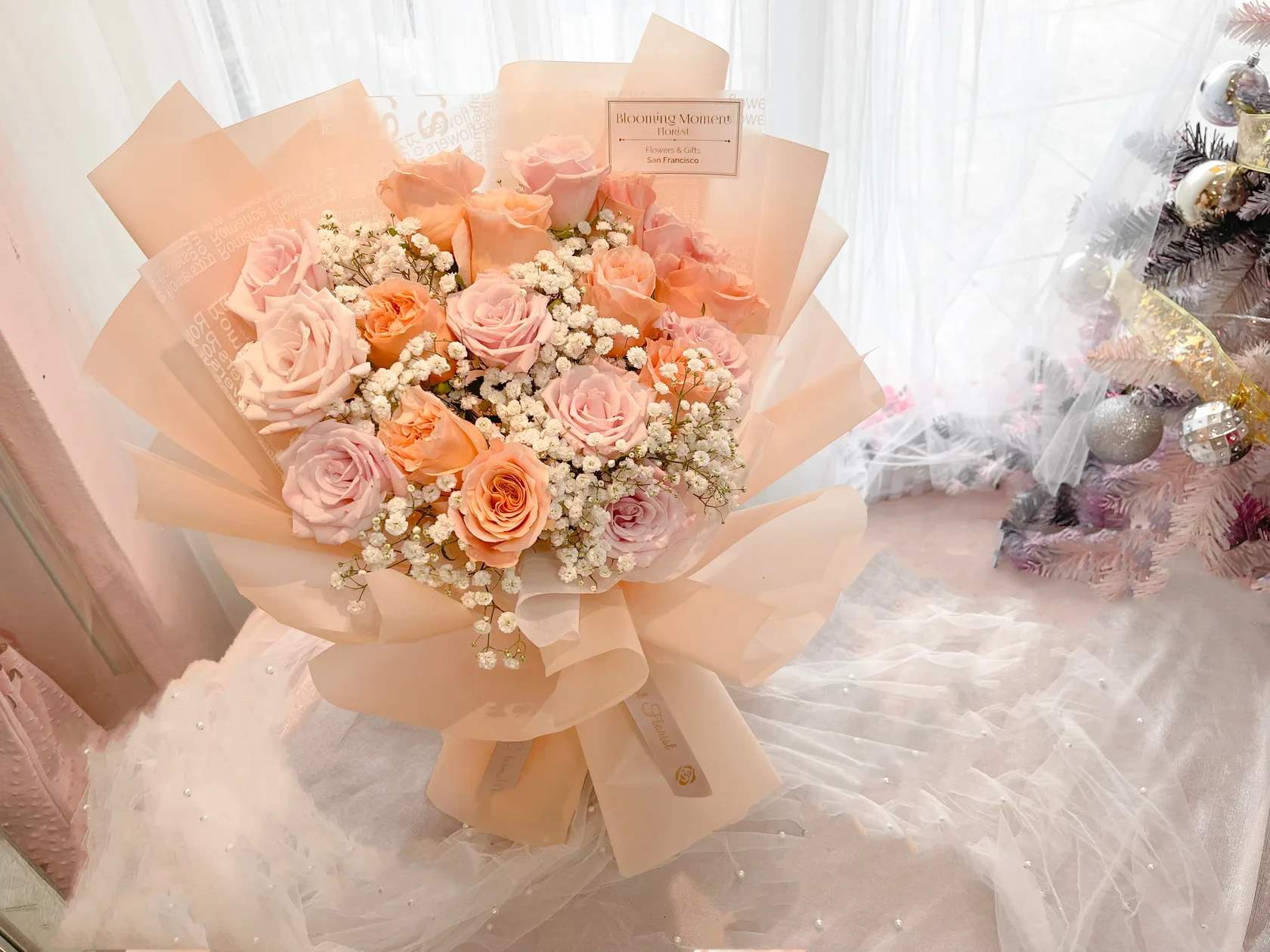 [FRESH FLOWER] Peach pink rose bouquet - Standard  6 Pink Rose 6 Peach Rose Baby breath  Deluxe 9 Pink Rose 9 Peach Rose Baby breath  