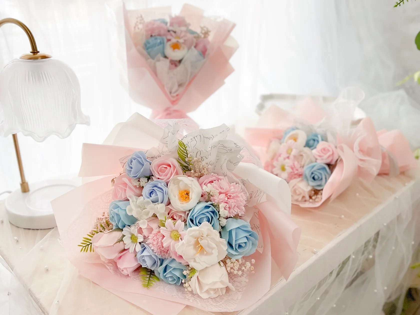 [SOAP FLOWER] Cotton Candy Color Soap Flower Bouquet - A sweet and whimsical bouquet inspired by the soft hues of cotton candy, this arrangement features twin-color soap flowers that look fresh and vibrant yet last beautifully as a keepsake. Paired with gentle greenery, it’s perfect for birthdays, baby showers, or any occasion where charm and lasting beauty make all the difference.