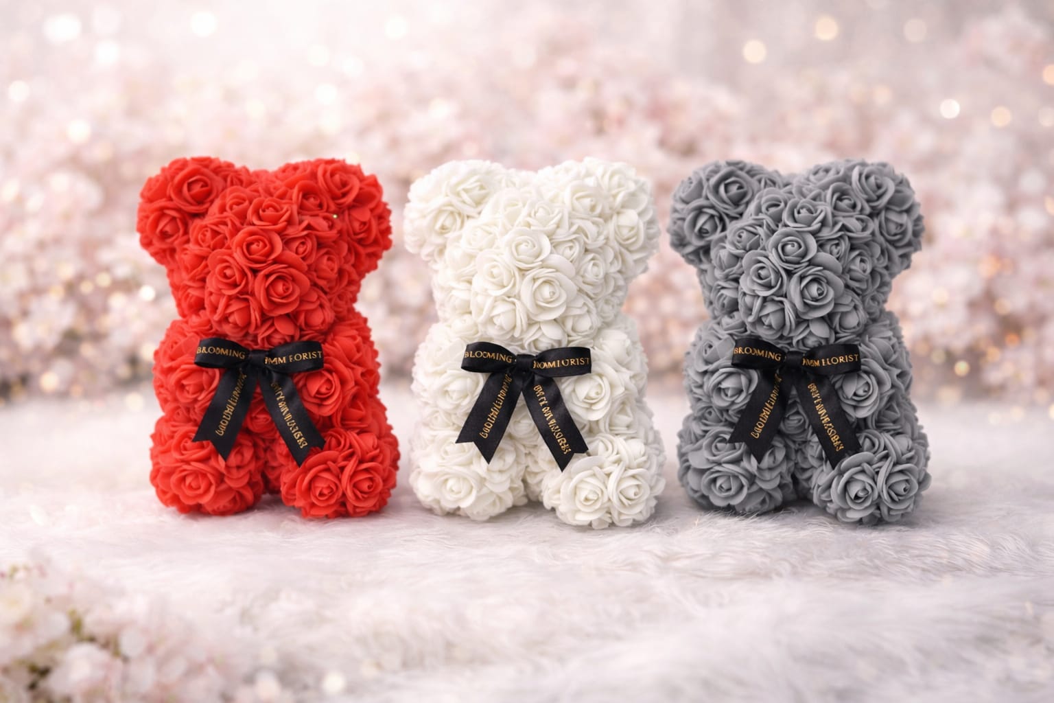 Three rose-covered teddy bears in red, white, and gray with black ribbons