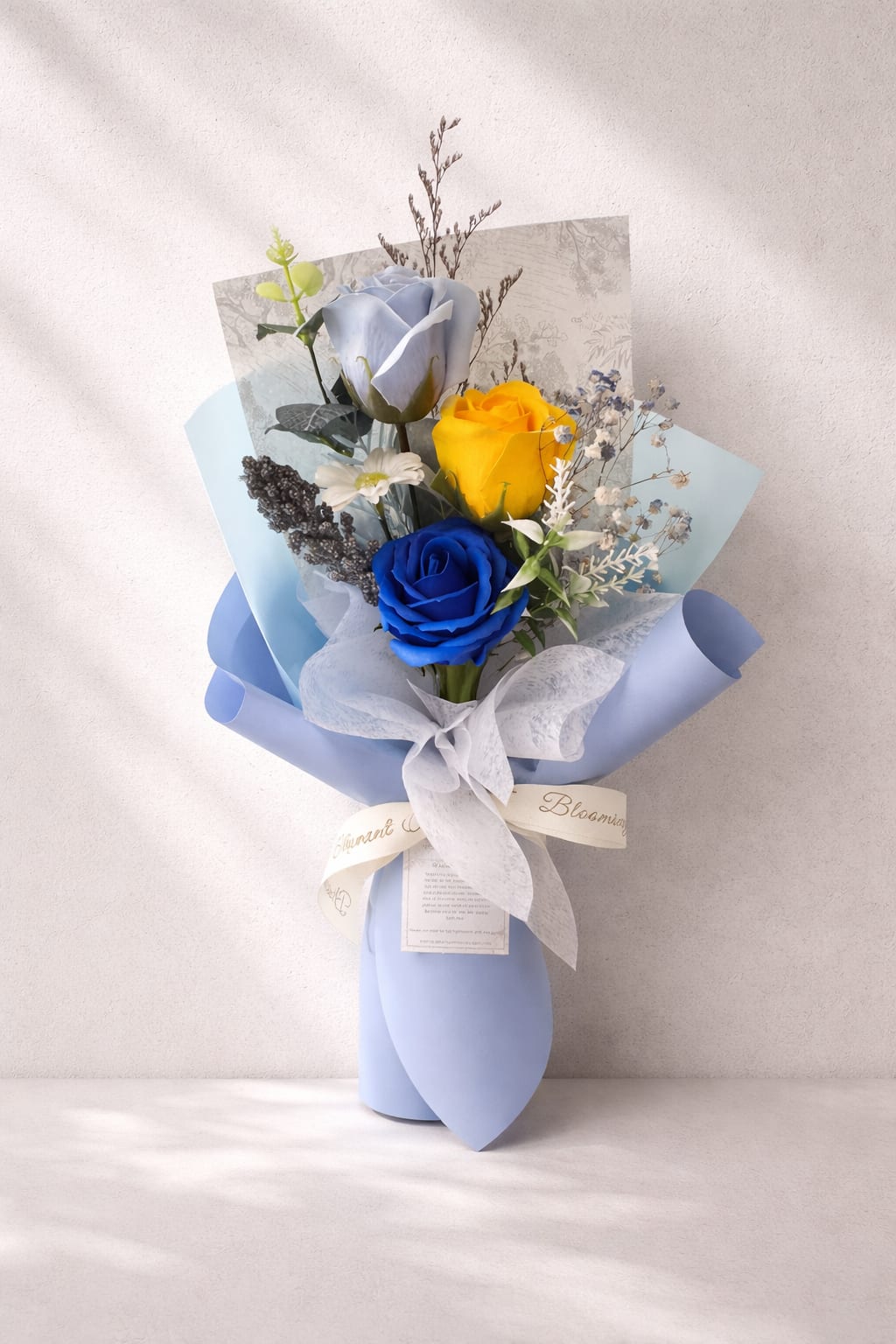 [SOAP FLOWER] Blue Serenity Petite Soap Flower Bouquet - A calm and elegant bouquet inspired by soft blue tones and gentle contrast. Blue Serenity features beautifully arranged soap roses in shades of royal blue, dusty blue, and sunshine yellow, accented with delicate dried elements and airy textures.  Wrapped in layered pastel blue paper with a light, modern finish, this bouquet feels fresh, refined, and effortlessly stylish—perfect for birthdays, thank-you gifts, or simply brightening someone’s day.  Unlike fresh flowers, this soap flower bouquet is long-lasting and requires no maintenance, making it a meaningful keepsake that can be enjoyed for years.