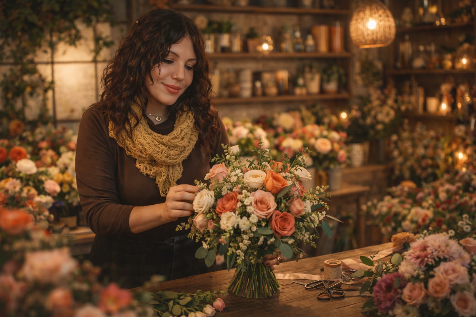 Woman arranging a bouquet of peach and cream roses in a flower shop