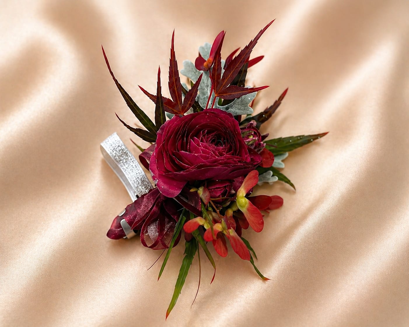 Wrist Corsage  - A custom-designed wrist corsage created to complement your chosen color palette. Whether you prefer soft, romantic tones or rich, bold hues, each piece is thoughtfully arranged using the freshest seasonal blooms available. Designed with an elevated, modern aesthetic, every corsage is one-of-a-kind and tailored to your vision, with delicate textures and refined details throughout. Please note: photos are examples of previous work. Your final design will reflect your selected colors and may vary based on seasonal flower availability.